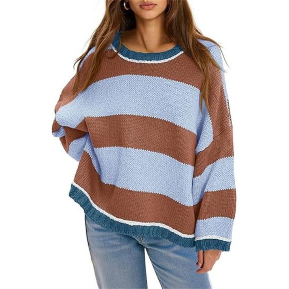 Womens Oversized Sweaters Casual Long Sleeve Striped Color Block - Picture 6 of 6